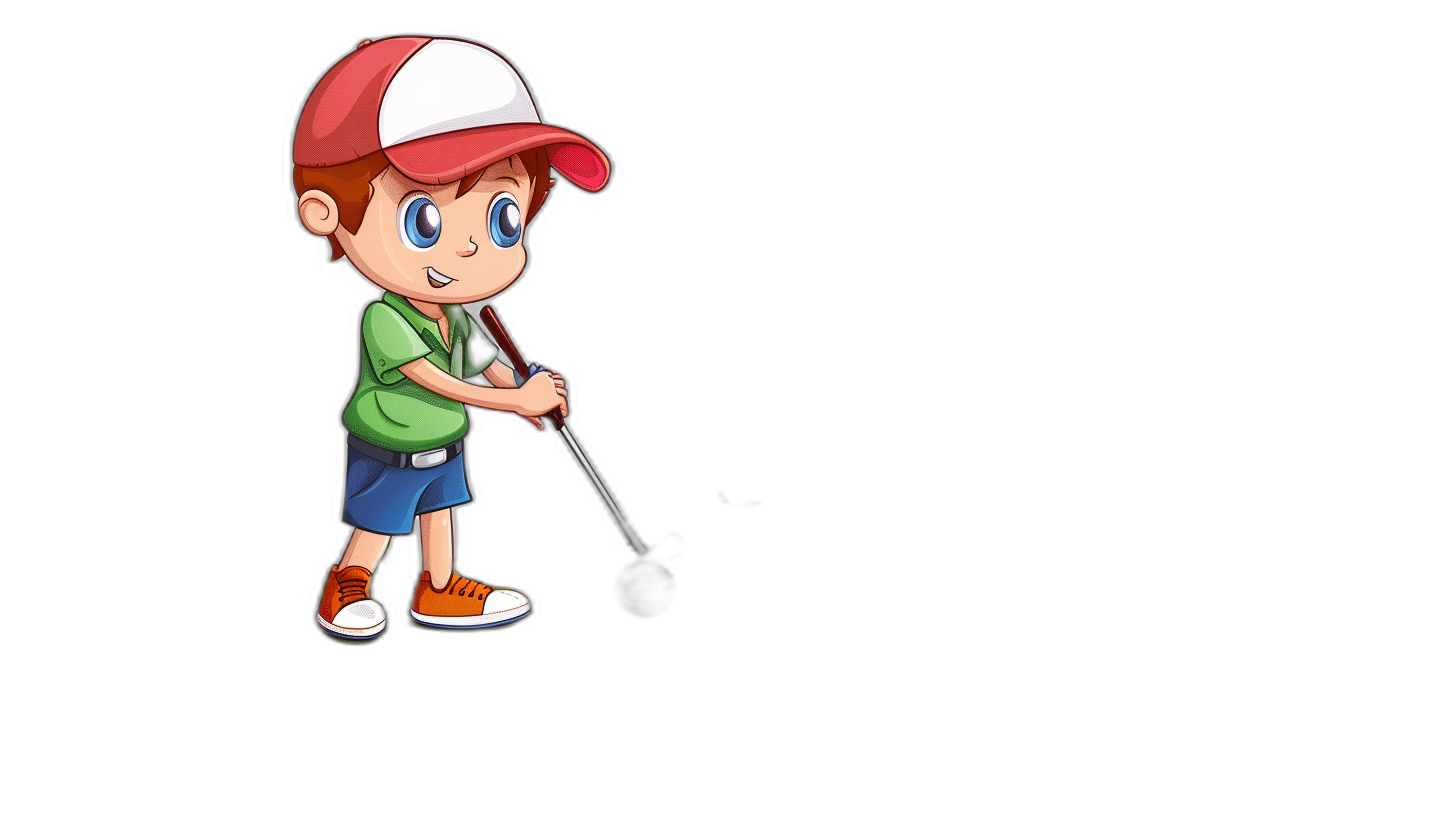 Cute cartoon boy playing golf, vector illustration with solid black background. The character is wearing red and white baseball cap, green tshirt, blue shorts, orange shoes, holding the club in his hand, focused on hitting ball to hole, full body portrait. Illustration for children book.,,in