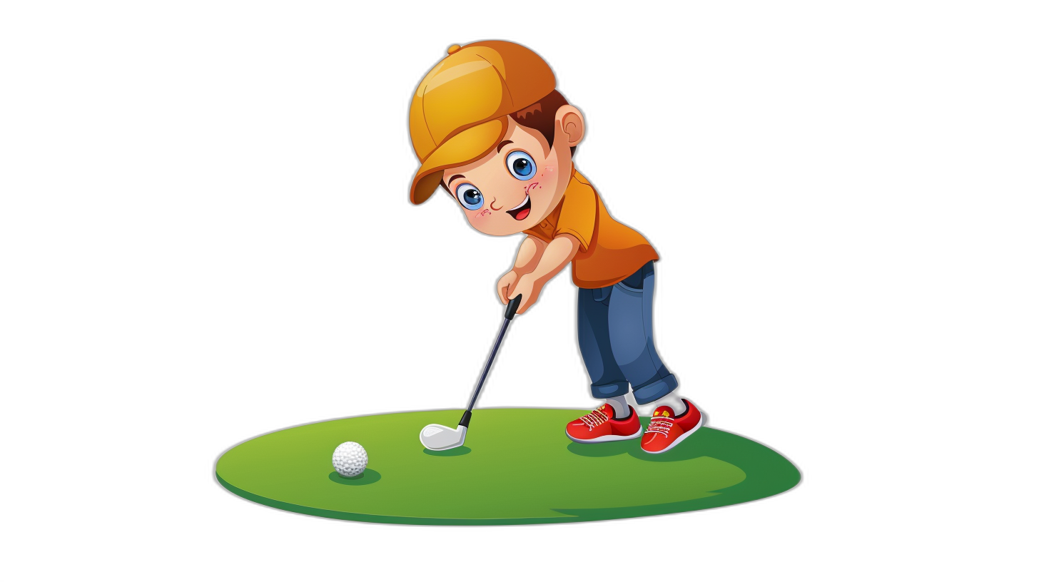 Cute cartoon boy playing golf, vector illustration on a black background, simple design with flat colors and no shadows, high resolution, high quality, high detail, sharp focus, no blur effect, white borders around the edges of each element in the scene. Isolated against a pure solid black background. No gradient shading. Vector graphics. The logo is a 2D, flat design, in the style of flat vector graphics.