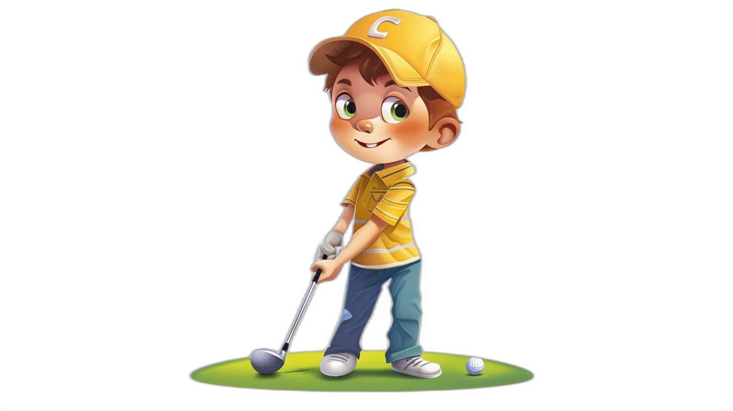 Golf themed cartoon character design, a boy playing golf with a cap and yellow shirt in a full body portrait, with a simple background, in the vector illustration style, using solid color blocks, for graphic design with a highend sense, cute expressions, like children’s book illustrations, on a flat black background, suitable for 2D game art, a cute little person.