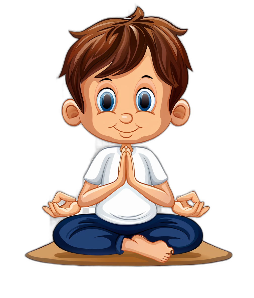 A cute cartoon boy doing yoga in a simple drawing style with a black background. The character is in the lotus position and has blue eyes. He wears a white t-shirt over dark navy pants. His hands are placed together at chest level, palms facing each other as if he’s praying or meditating. He should have brown slippers on his feet. It captures a peaceful expression while practicing self-care. Cartoon illustration in the style of vector graphics. No shadows on the subject. Isolated object with a black isolated background.