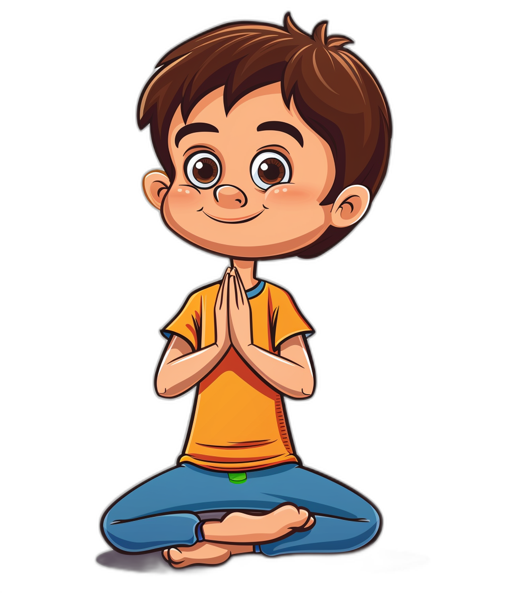 A cute cartoon boy doing yoga, vector illustration with a black background. The little man has brown hair and is wearing an orange t-shirt and blue pants, hands clasped in prayer, sitting cross-legged on the ground. He was smiling happily, in the style of .