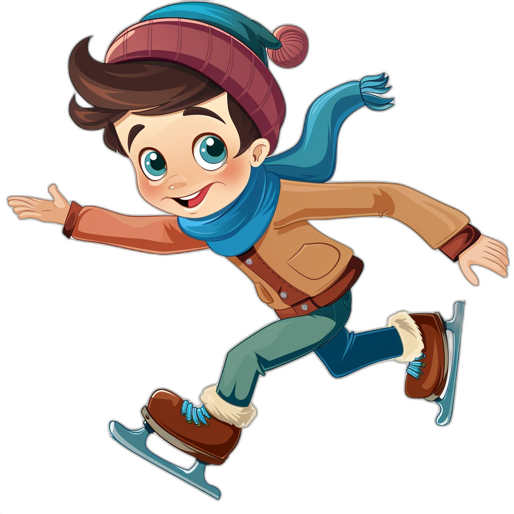 cartoon clip art, A boy skating on ice, wearing a brown jacket and blue scarf with a hat, against a black background.