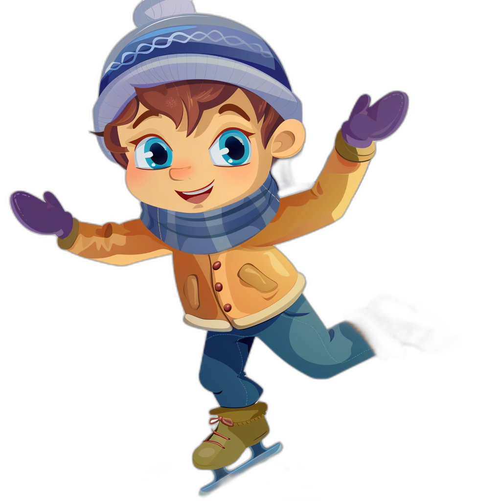 A cartoon boy ice skating, wearing winter and gloves, with bright blue eyes and brown hair, isolated on black background for cutout or design elements. The character is depicted in an animated style, showcasing his cheerful expression while skillfully gliding across the rink. He wears fashionable attire including jacket, scarf, hat, shoes, and purple hand gestures to emphasize that he’s having fun during Christmas season, 2D illustration, vector art.