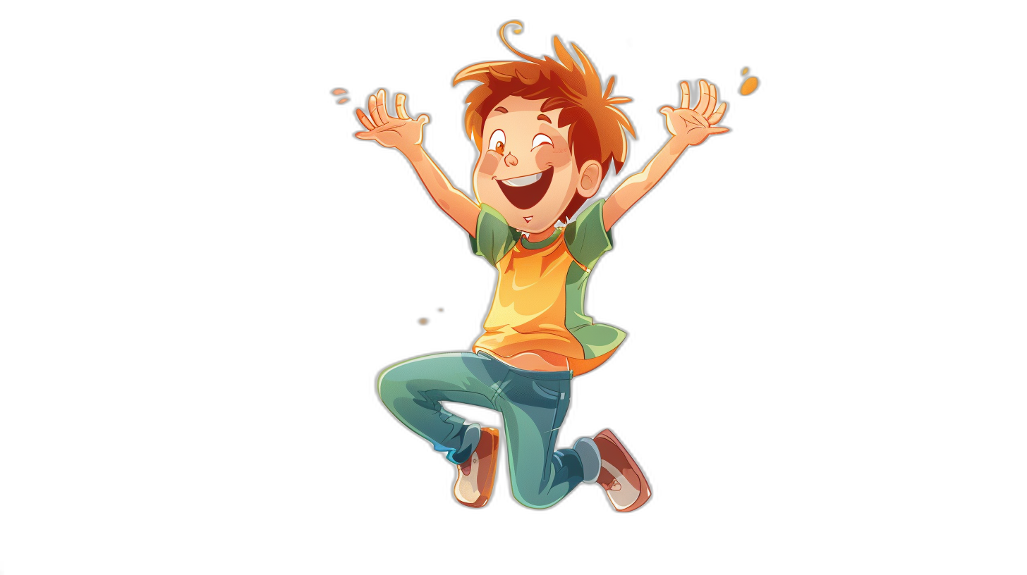 A cartoon boy jumping up and down with his hands raised, laughing happily, wearing jeans, orange hair, and a green T-shirt on a yellow shirt with a black background. The illustration style is simple with simple lines and flat color blocks with simple details and no shadows. Bright colors are used for the cartoon character design in a high-definition 2D style. A black solid background with high resolution, quality, and detail.