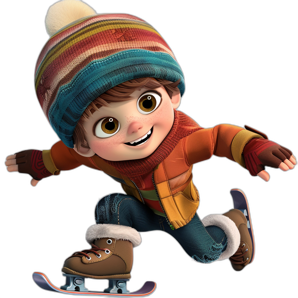 Disney Pixar cartoon of a happy boy with short brown hair, big eyes and a beanie ice skating on a black background as a full body portrait, wearing winter  in the style of Disney Pixar.