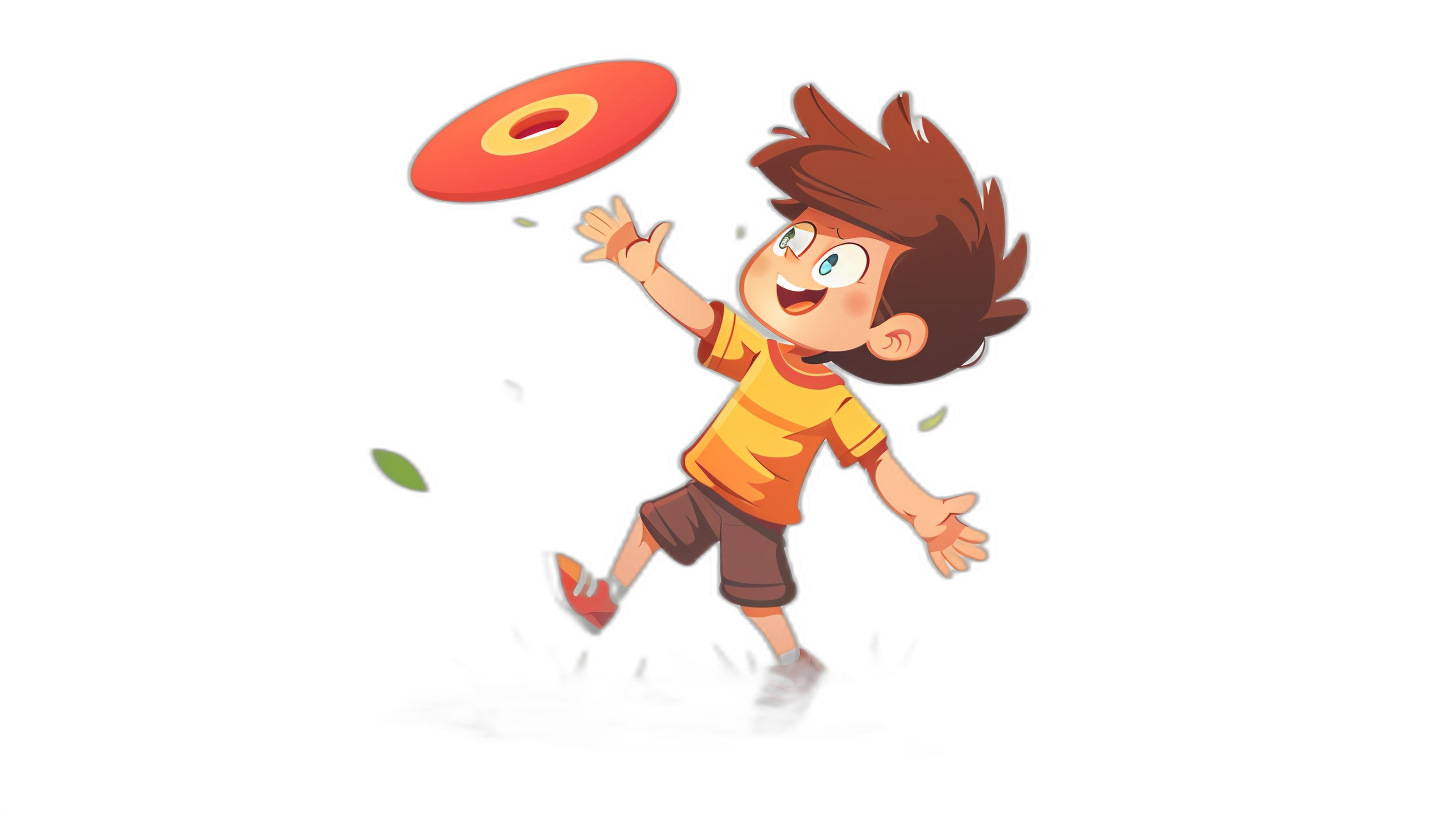 A cartoon boy throwing a frisbee on a black background in the style of Pixar, 2D game art in a cute and dreamy cartoon style, high resolution and high quality colorful animation stills of a cartoon character and cartoon illustration.