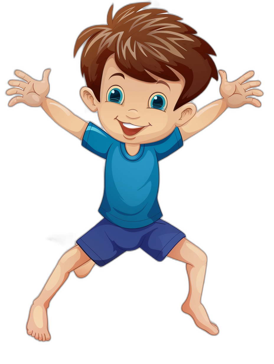 cartoon style, brown hair boy with blue eyes wearing darkblue shorts and lightblue tshirt smiling jumping up isolated on black background, children book illustration