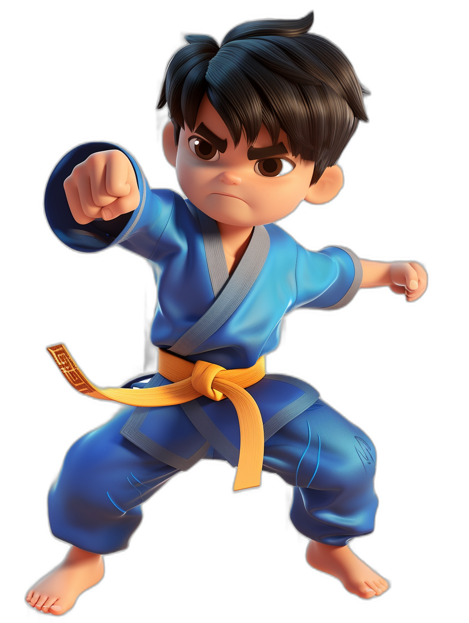 A young boy in a blue karate outfit doing a kick pose with a yellow belt, black hair and brown eyes. A 3D cartoon style character with a full body, high contrast, soft shadows and soft natural lighting on the face. A high resolution, high detail, high quality and high texture portrait against a black background. In the style of Pixar and Disney, with no text, letters, typography, icons or illustrations.