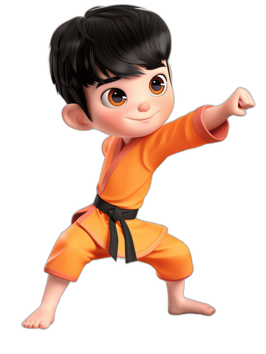 A cute Chinese boy in an orange karate outfit, with black hair and big eyes doing martial arts moves on a pure background, in the style of Pixar, with simple lines, as a full body portrait, black pants, high quality, high detail, best lighting, high resolution, high quality, best color matching, black background.