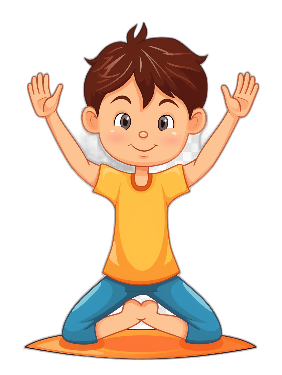 A cute cartoon boy doing yoga, vector illustration with a black background. The little man is wearing blue pants and an orange T-shirt, sitting on the ground in lotus position with his hands raised above his head, smiling at the camera. He has short brown hair and big eyes. Vector Illustration. A clip art for the print or compartment section of a children’s book app in the style of an illustration.