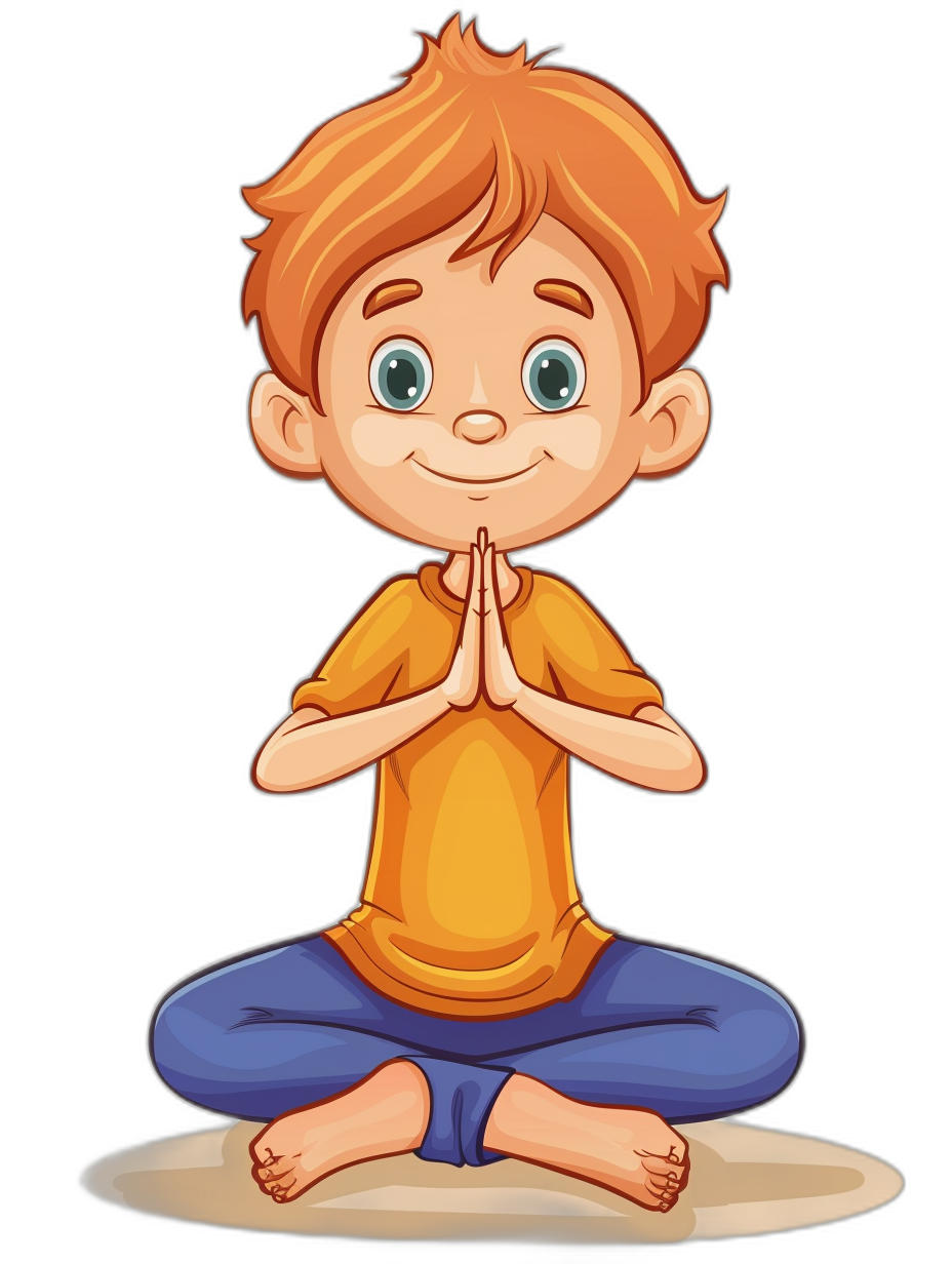 A cute cartoon of boy doing yoga, vector illustration with black background. He has short ginger hair and blue eyes wearing an orange tshirt with dark purple pants. His hands together in front his chest praying pose. The overall style is reminiscent of children’s book illustrations. It should convey warmth and joy