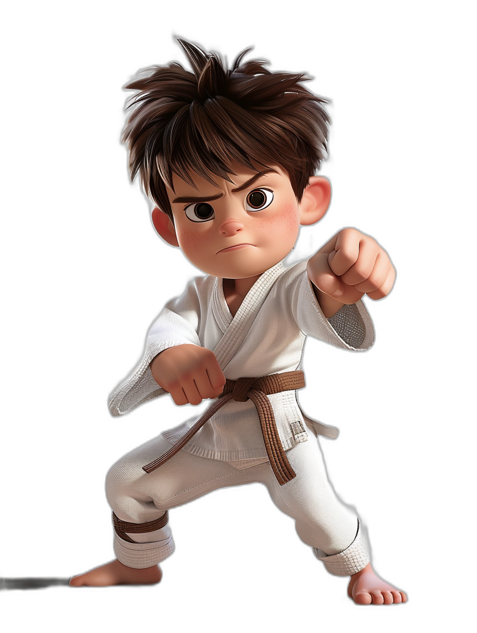 A cute little boy in a white karate outfit, with brown hair and big eyes, doing karate in the style of Pixar. On a black background, with no shadows, text, realistic details, sharp edges, light effects or shadows. No shadow on the face or skin imperfections. A full body shot of the 3D cartoon character, in the style of Pixar. A high resolution, high contrast illustration with vibrant colors, simple lines and an octane render. With depth of field, ambient occlusion and natural lighting. Cinematic, with studio lighting.