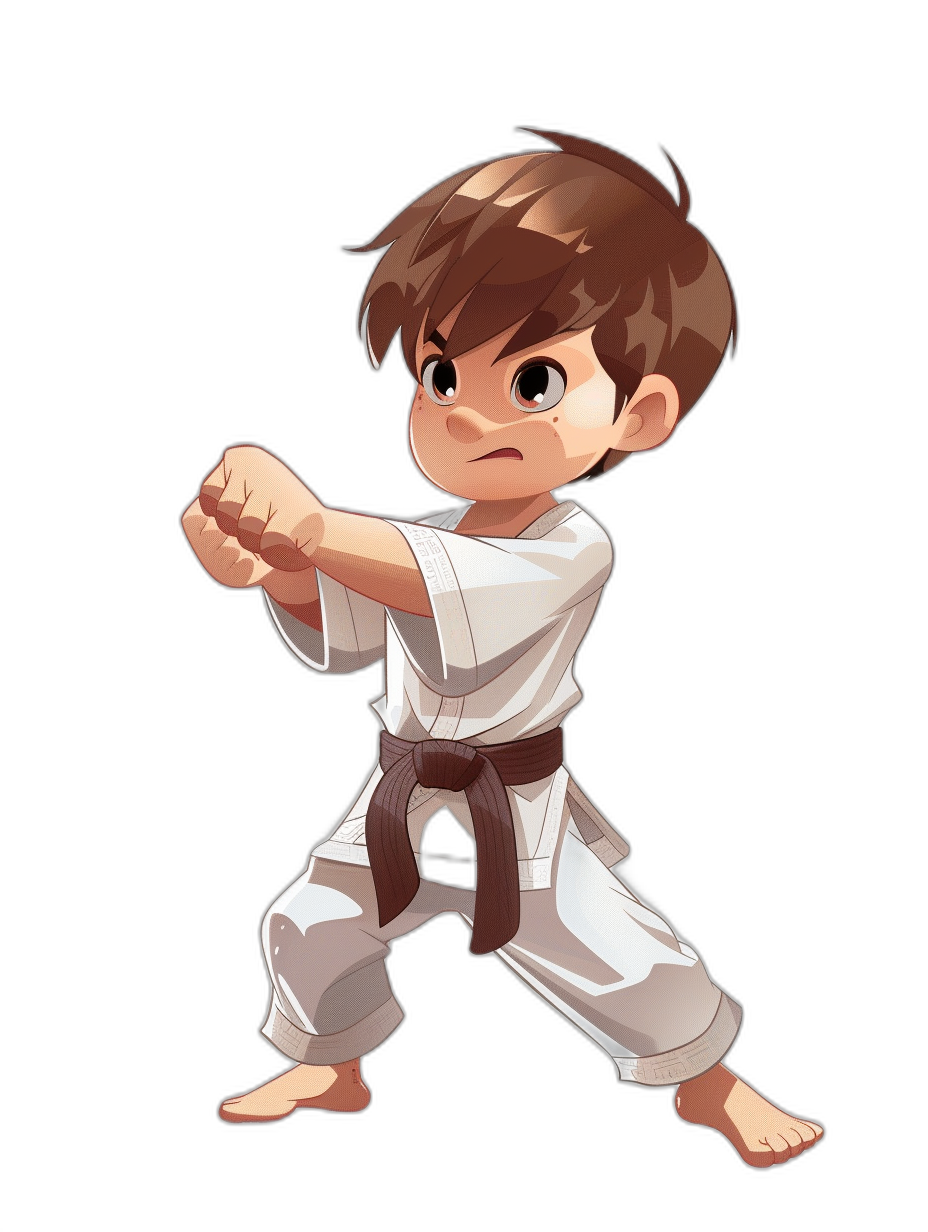 A cute little boy in a white karate outfit, with brown hair and a black belt, is practicing a roundhouse kick while standing on his hands. He has big eyes and a small mouth with closed lips. The background of the illustration should be a plain dark grey to highlight the character’s colors. The illustration style is in the style of anime cartoon. The background is black.