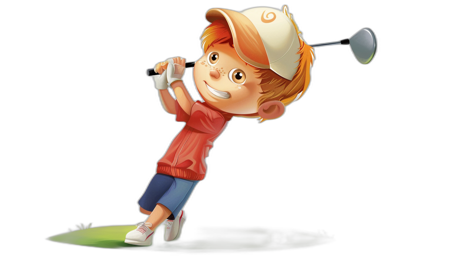 Cute boy playing golf, wearing a cap and a red shirt, in the style of cartoon, black background, 2D illustration, in the style of Pixar animation, full body shot, high resolution, high detail, sharp quality, high contrast, sharp focus, no blur.