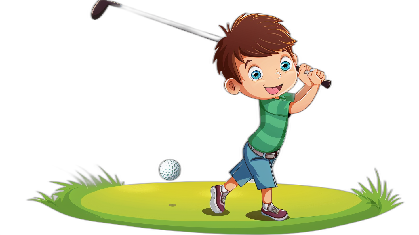 A cute cartoon boy playing golf, shown in a full body shot, in the vector illustration style with a black background. He is wearing green and blue shorts and has brown hair. The ball lies on the ground next to him as he hits it with his club. A cheerful expression can be seen on his face as he looks at the camera. In his right hand he holds a club.