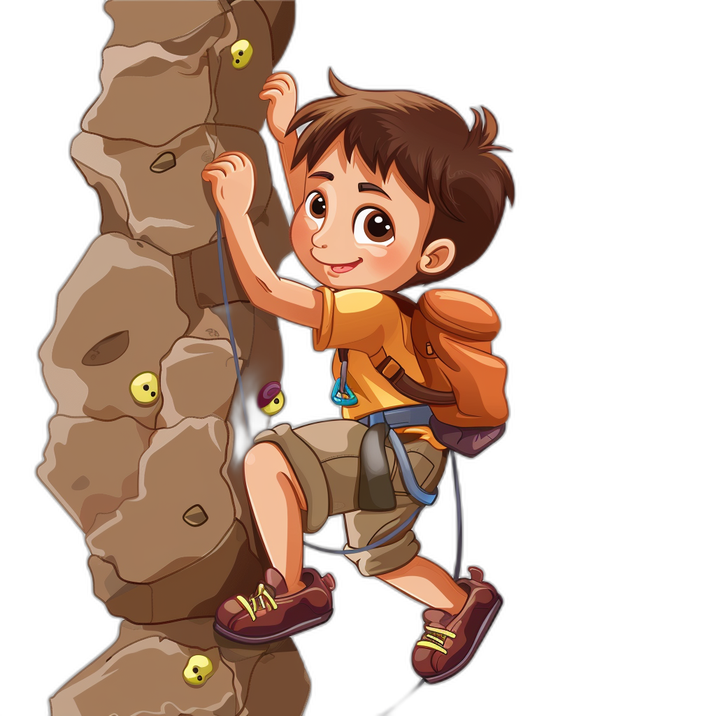 A cartoon boy climbing a rock wall in a vector illustration for a children’s book in the style of [Tracie Grimwood](https://goo.gl/search?artist%20Tracie%20Grimwood). The illustration is in the Adobe Illustrator style with a flat design on a black background. The boy has brown hair and eyes with short cut and is wearing a yellow shirt, white shorts, and grey shoes. A backpack is hanging on the side of the cliff with climbing gear and ropes. The illustration is in the style of a climbing game icon.