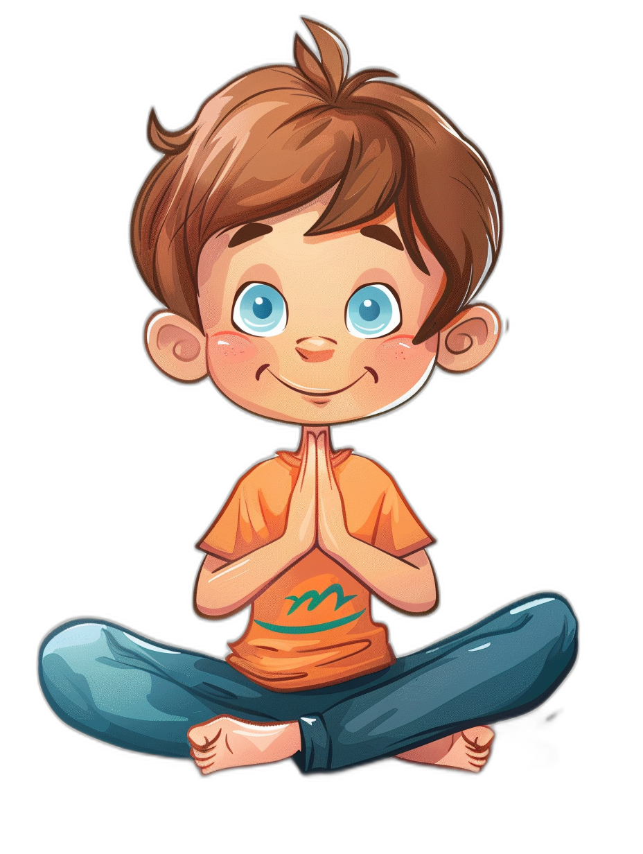 A cute cartoon avatar of an adorable little boy with brown hair, blue eyes and wearing an orange t-shirt doing yoga poses on a black background. He has his hands folded in front in prayer or is bowing his head to show pictures about love and peace. He is smiling happily while sitting cross-legged. The overall color scheme of the illustration features bright colors such as green, yellow, pink and purple, focused on the face in the style of a children’s book.