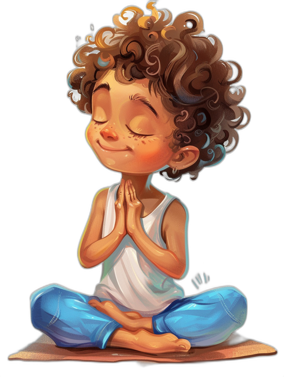 a cute little black boy with curly hair doing yoga, chibi style, digital art by [Artgerm](https://goo.gl/search?artist%20Artgerm), full body shot, smiling and happy, black background, white shirt, blue pants, hands in prayer,