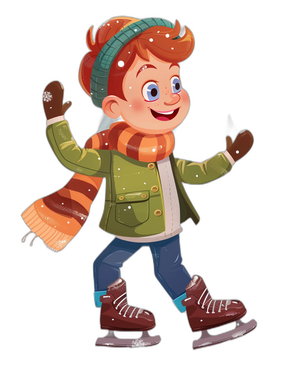 Cute cartoon boy ice skating, winter , scarf and gloves, black background, flat illustration style, high resolution, bright colors, full body portrait, ice skates on his feet, happy expression, wearing a green jacket with an orange striped patterned sweater, blue jeans, a red hair band, snowflakes floating around him in the style of.