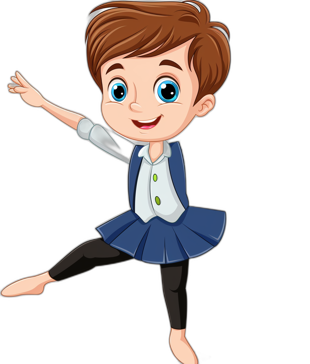 cartoon boy in ballet outfit, short brown hair with blue eyes and white shirt, dancing on black background, clipart style, pixar quality