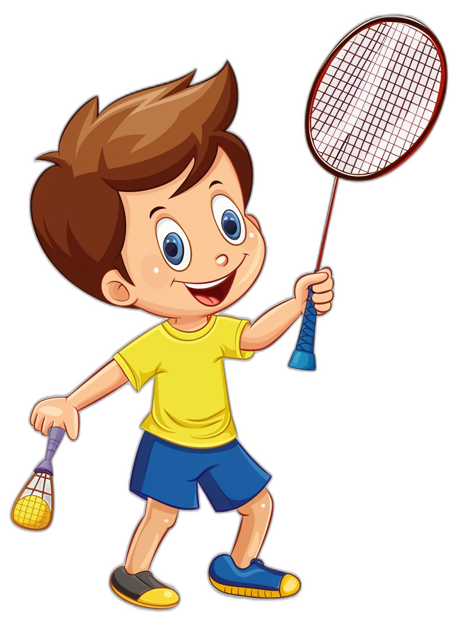 a cute happy boy playing badminton, clip art style with black background