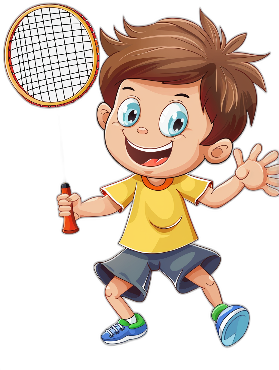 A cute happy young boy playing badminton in the style of clip art with a black background.