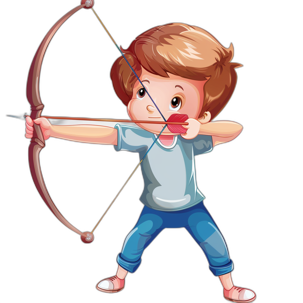 Cute cartoon boy shooting bow and arrow, vector illustration on black background