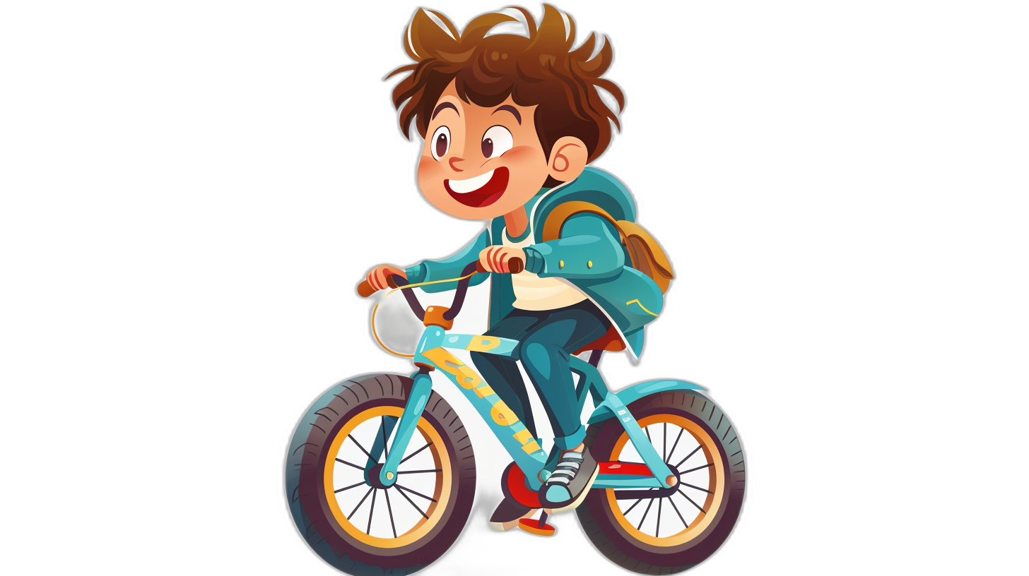 A cute boy is riding his bike in a cartoon style vector illustration with a black background. The character has brown hair and blue eyes wearing a school uniform, with a backpack on his back and a smiling happy expression. A cute kid biker in an action pose on a colorful bicycle for children with a simple design, flat color, no shadows, simple details, a full body portrait, high resolution, high detail, and high quality in the style of a cartoon.