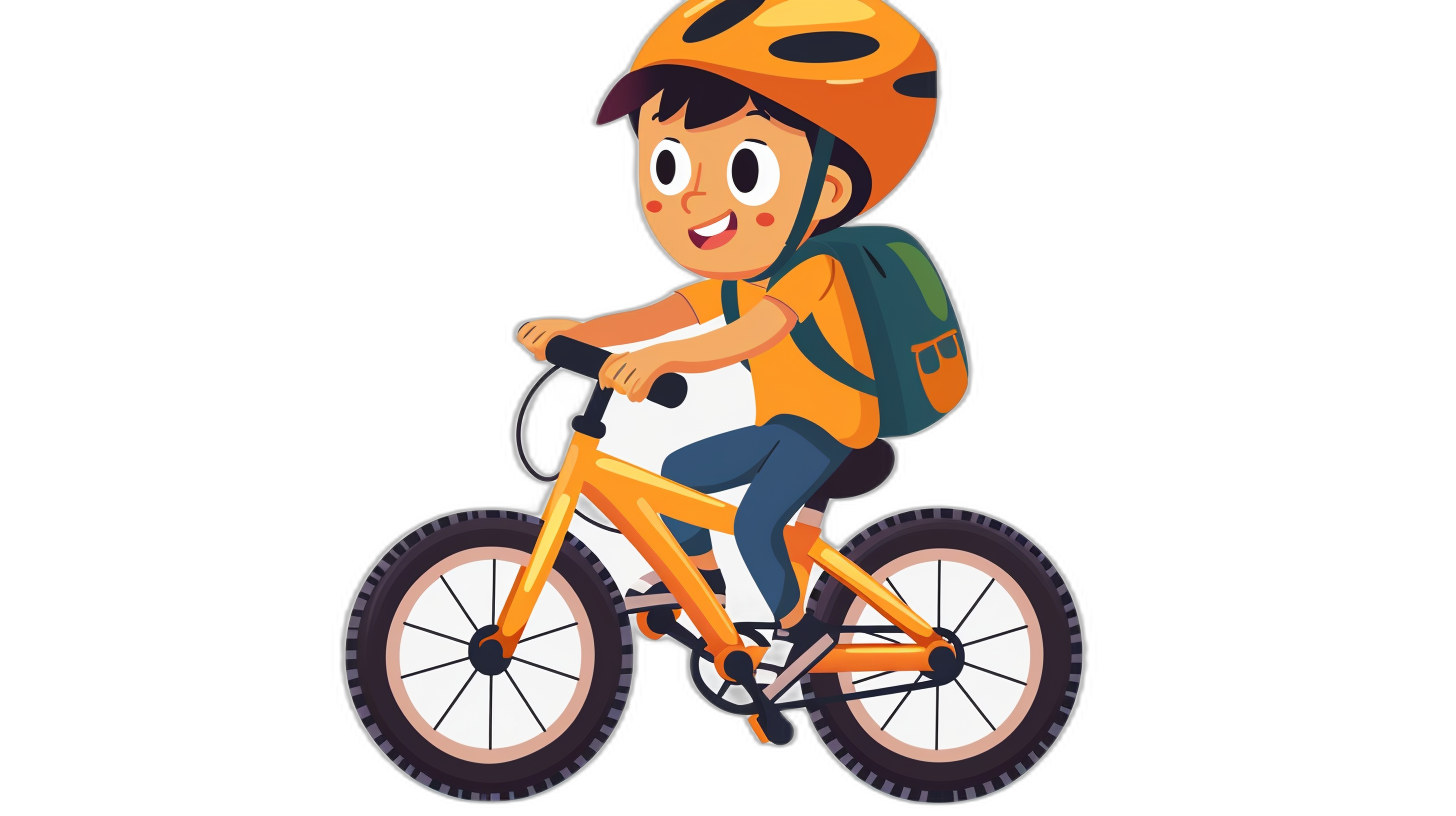 A cute boy is riding an orange bike, wearing a helmet and backpack. This is a simple flat vector illustration with a black background in the cartoon style with simple details and a simple design at high resolution, high quality, and with high detail. It has the best resolution, color combination, line art, quality, details, and colors.