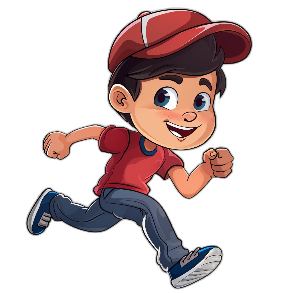 cartoon character of an Asian boy in a red t-shirt, blue jeans and a baseball cap running on a black background, in the style of cartoon.