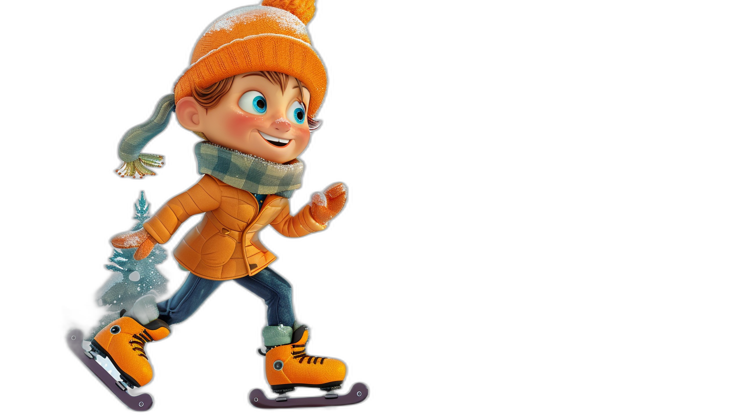 A cute cartoon boy ice skating, winter and hat, black background, in the style of Pixar animation, in the style of Disney animation, 3D rendering, high resolution, octane render, bright colors, full body portrait, wearing orange boots, happy expression, cartoon character design, in the style of Pixar animation.