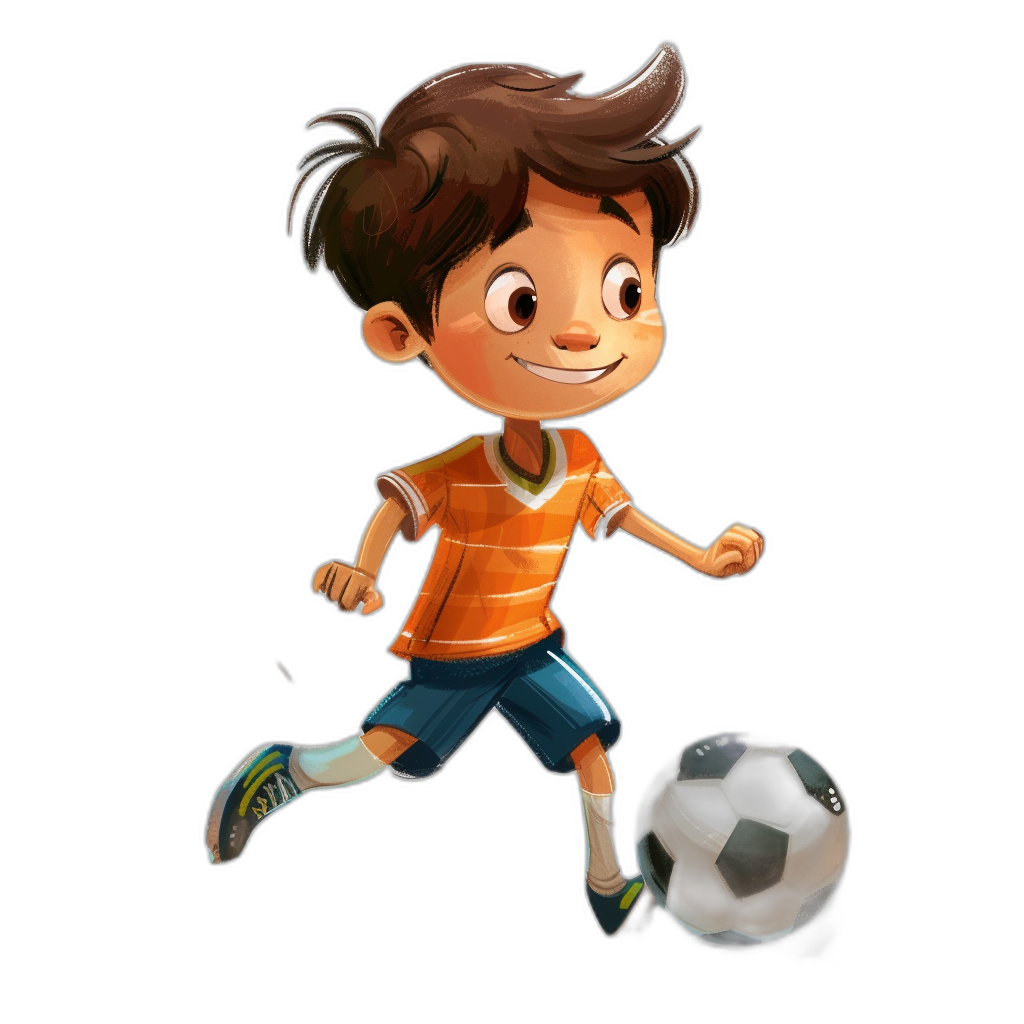 A cartoon boy playing soccer, with an orange t-shirt and blue shorts, against a black background, in the style of Pixar.