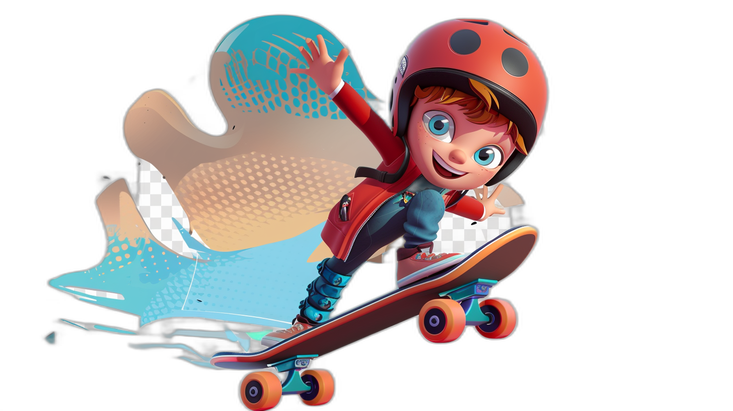 skateboard boy with red helmet and blue eyes cartoon character isolated on black background, clipart in the style of Disney Pixar animation, 3D render, rendering