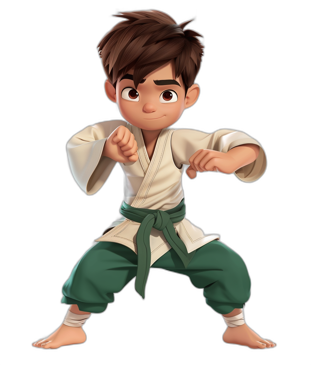 A young boy with brown hair in a white and green karate outfit ready to fight, full body, black background, in the style of Disney cartoon, in the style of Pixar animation, cute character design