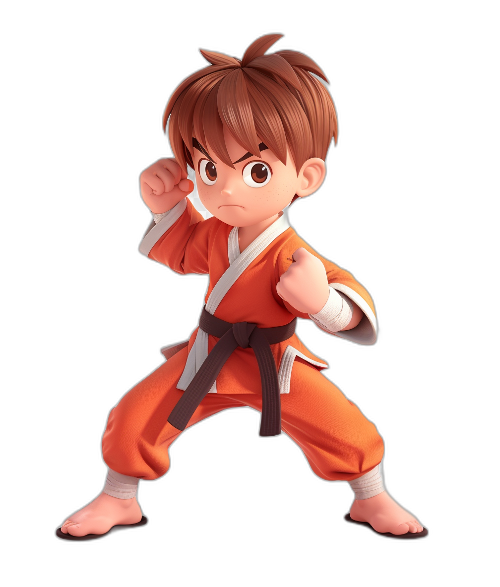 An ultrarealistic digital art of a young boy character in a karate outfit, doing martial arts poses. The background is black and the style should be reminiscent of Pixar’s animation. Use bright colors to highlight his features. He has brown hair with bangs, big eyes, long eyelashes, thick eyebrows, white skin tone, wearing orange colored pants and shirt with a dark gray belt around his waist. Ensure that he stands straight up against a pure black background in the style of Pixar’s animation.