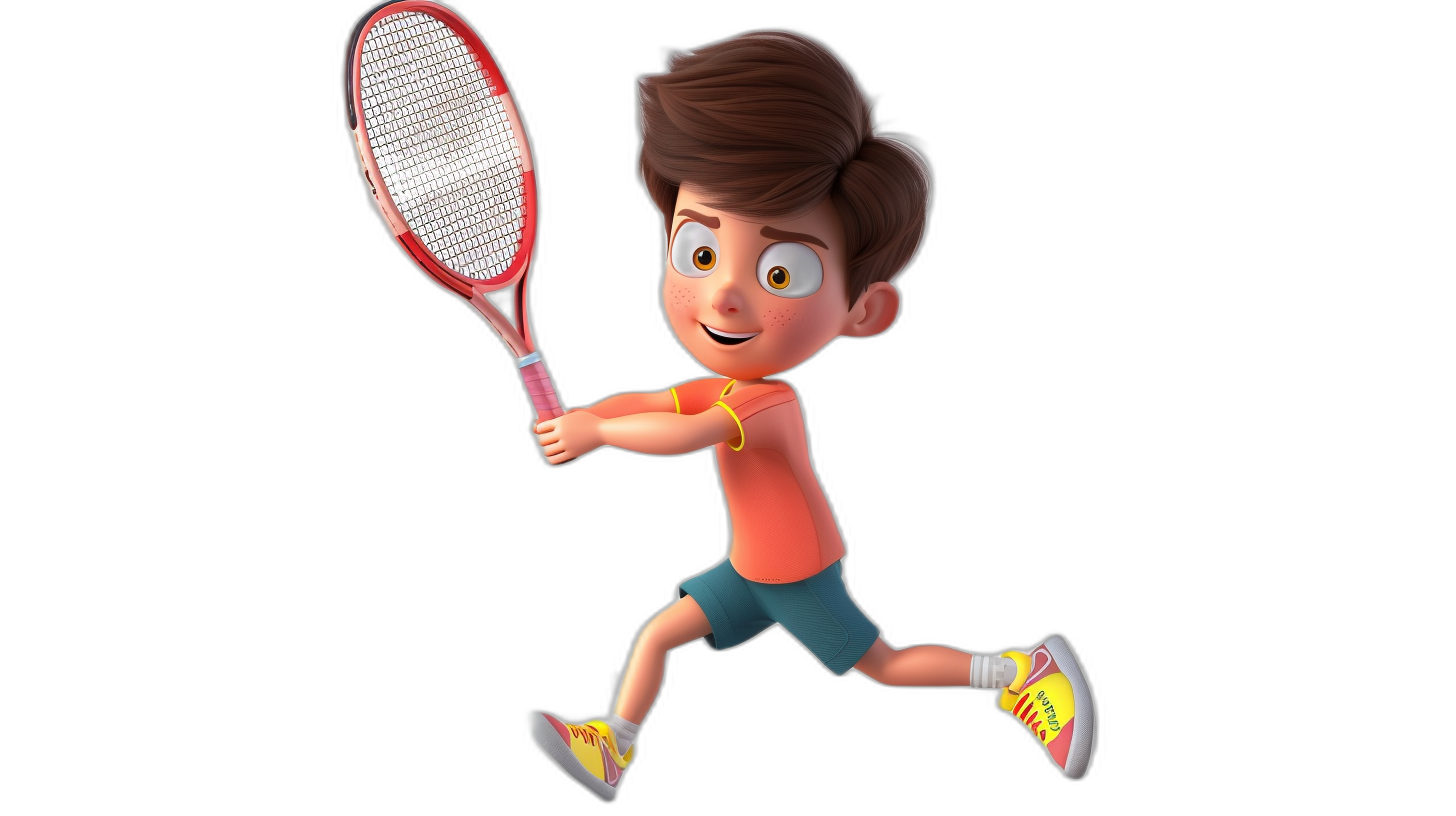 3D cartoon, happy boy playing tennis in the style of Pixar, adorable eyes, lovely, matte finishing, warm colors of the game, black background, wide shot camera