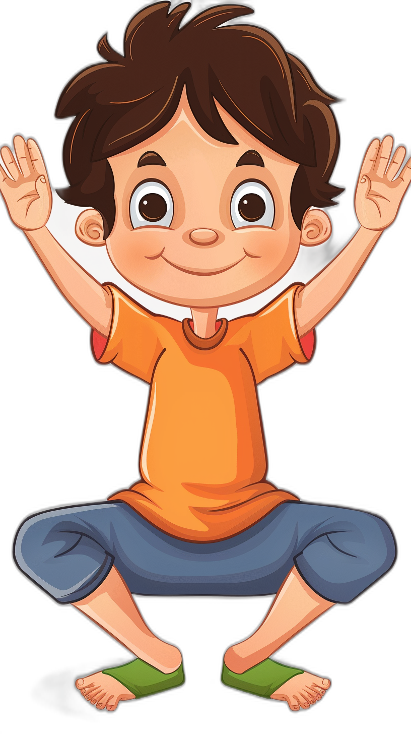 a cute happy little boy doing yoga, clip art style, black background