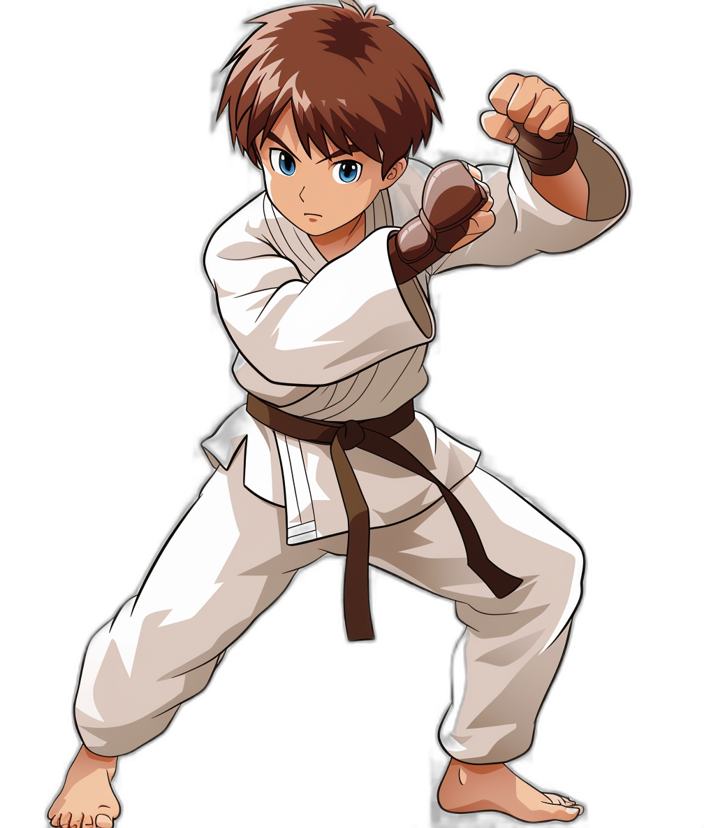 An anime-style full body illustration of a young boy with brown hair in a white karate outfit, holding his hands up to the side ready for battle. He has blue eyes and is wearing a dark red belt around his waist. Black background. The style should be colorful like in the style of [Studio Ghibli](https://goo.gl/search?artist%20Studio%20Ghibli) or Miyazaki.