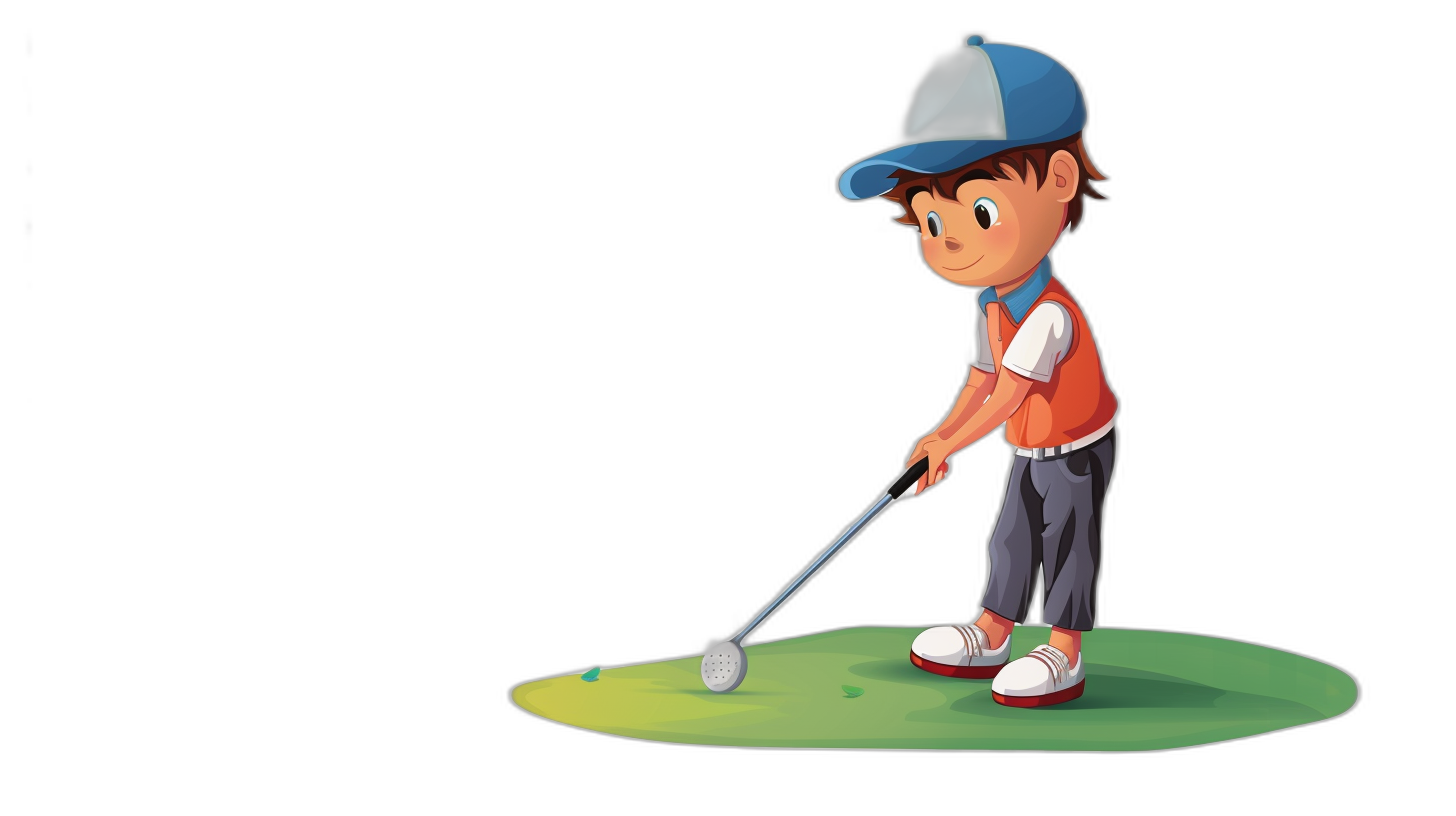 A young boy playing golf, cartoon style illustration with black background. The character is wearing casual attire and has his head turned to the right as he turns over the club after hitting an iron ball towards the green. He wears a blue cap on top of his hair and stands in profile view. There’s no text or logo visible at all. In full color.