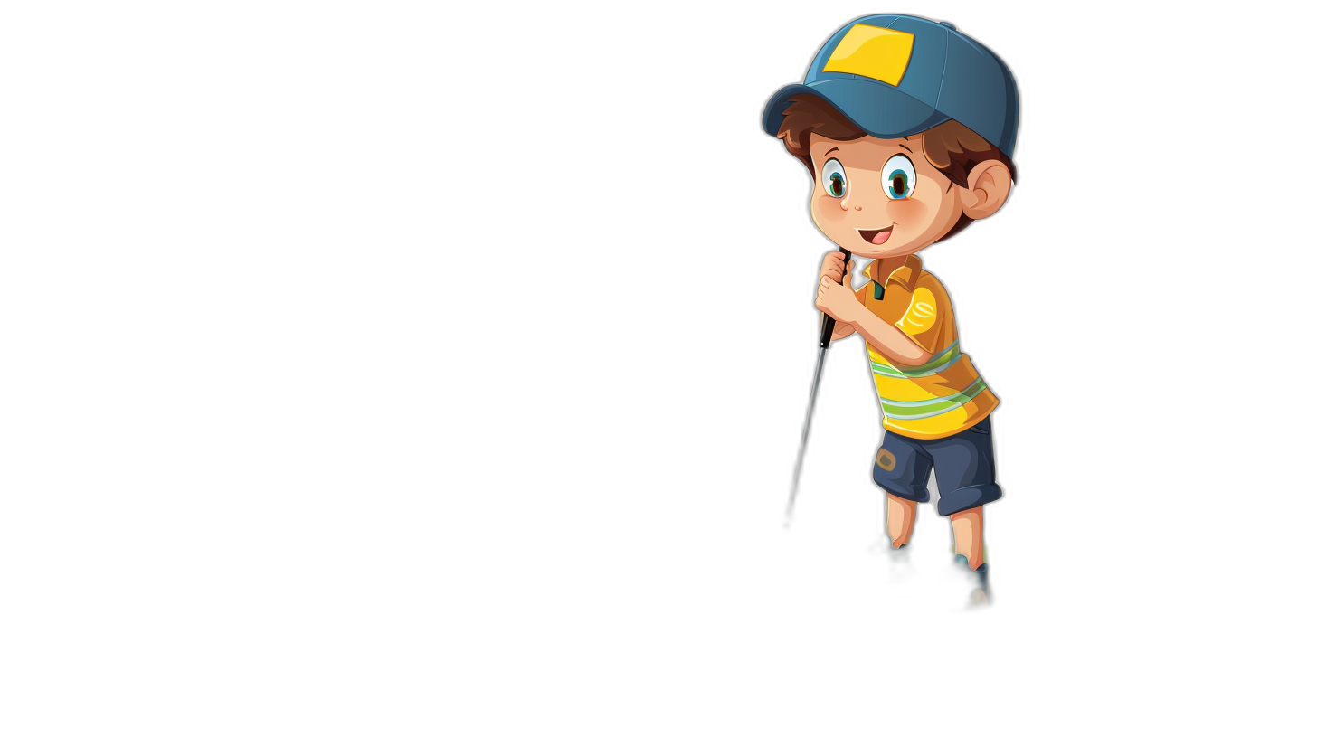 A cartoon character boy wearing a baseball cap and holding a golf club, on a black background, in the style of 2D game art, with cartoon realism, caricature faces, bold lines, colorful animation stills, with a yellow, blue and green color scheme, high resolution, high details, high quality.