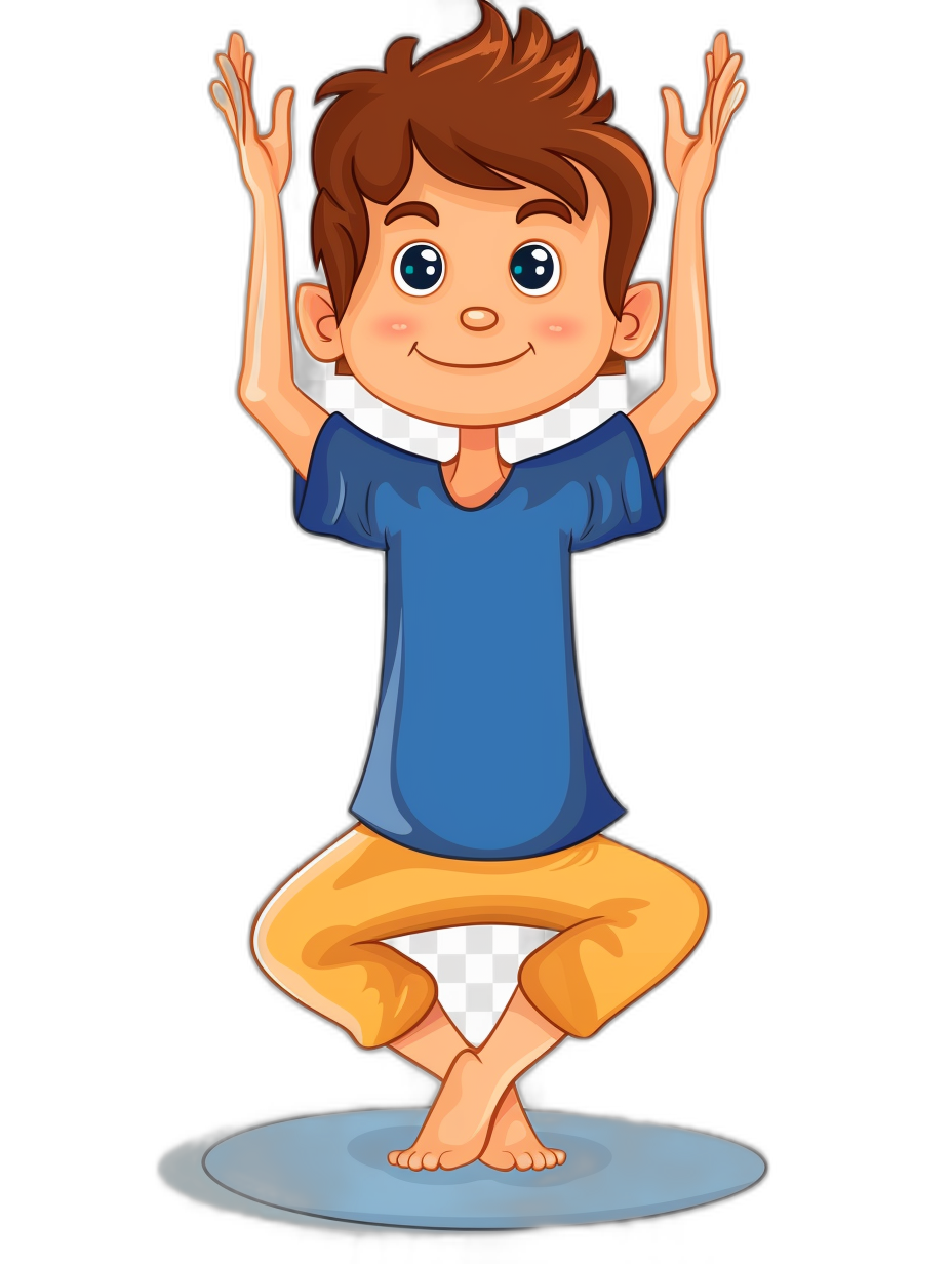 cartoon boy doing yoga in the style of clip art, in the style of isolated on black background