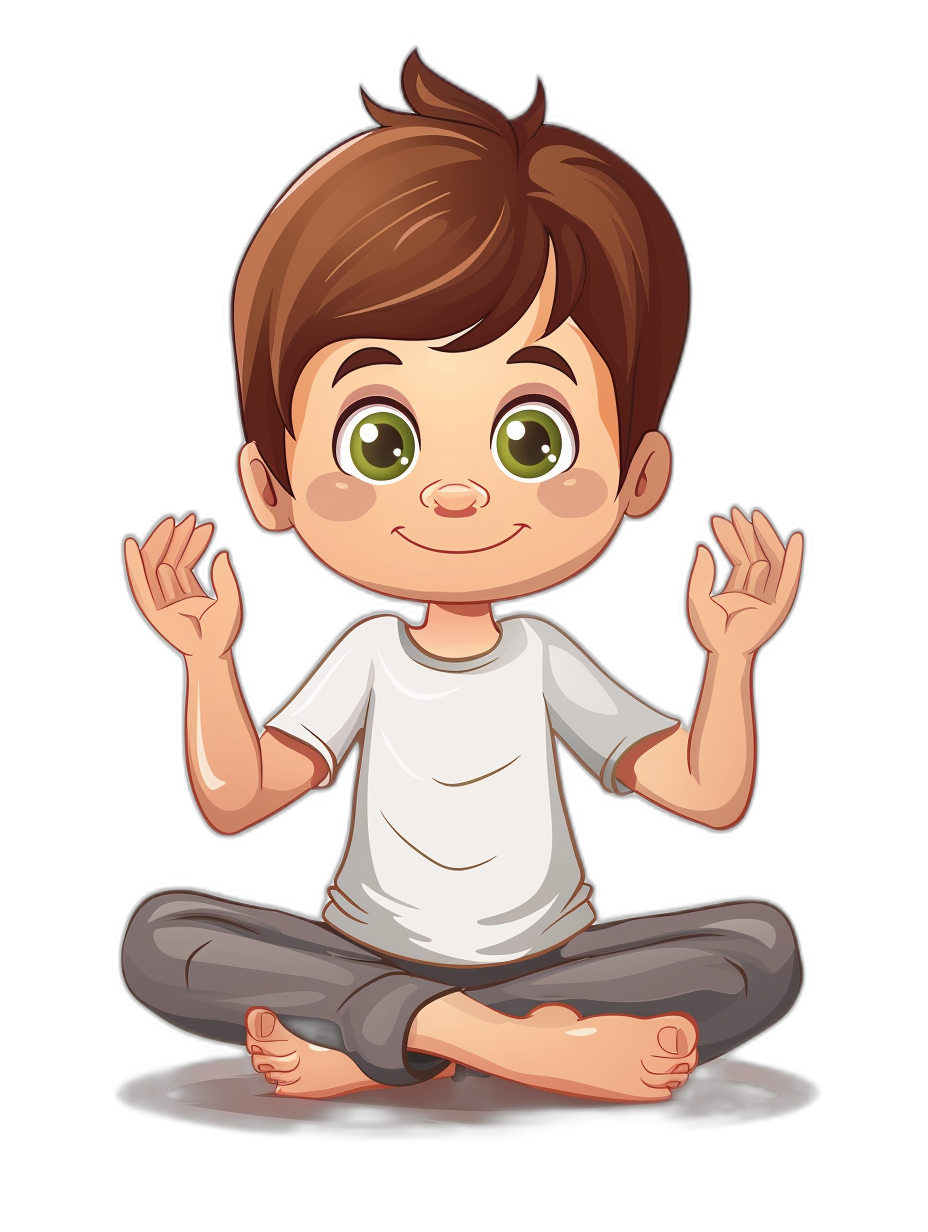 cartoon style, vector design of cute little boy doing yoga pose with black background. The cartoon has green eyes and brown hair wearing white tshirt. It is sitting on the floor in lotus position making an ok sign with its hands. He looks happy. Black isolated background. Detailed illustration