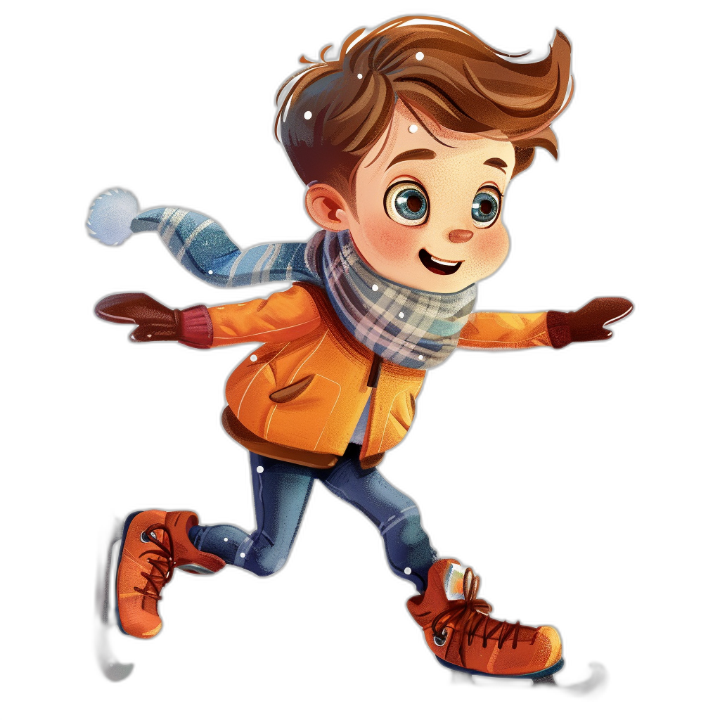 A cute cartoon boy ice skating, clip art style, black background, flat design, Pixar illustration style, wearing orange jacket and blue jeans with scarf around neck, big eyes, smiling face, holding hands out to the side for balance while gliding on an icy rink, simple, simple details, simple colors, flat color, high resolution, high quality, high detail