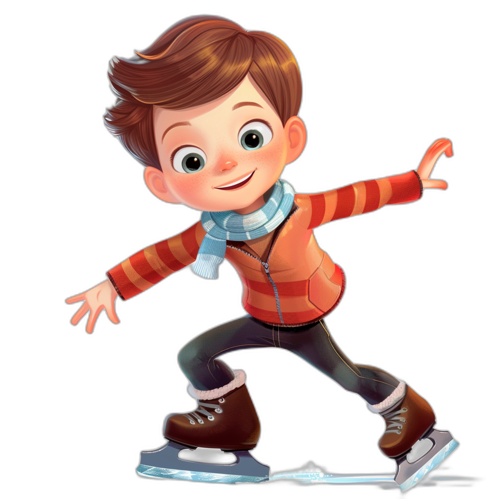 A cute boy is ice skating, wearing jeans and boots with short brown hair. The illustration is in the style of a cartoon, with a full body portrait against a simple black background. The style is reminiscent of cartoon illustrations and character designs, with Pixar animation-like bright colors, cartoon elements, and cute expressions. The image is full of vitality, with bold lines and bright colors.