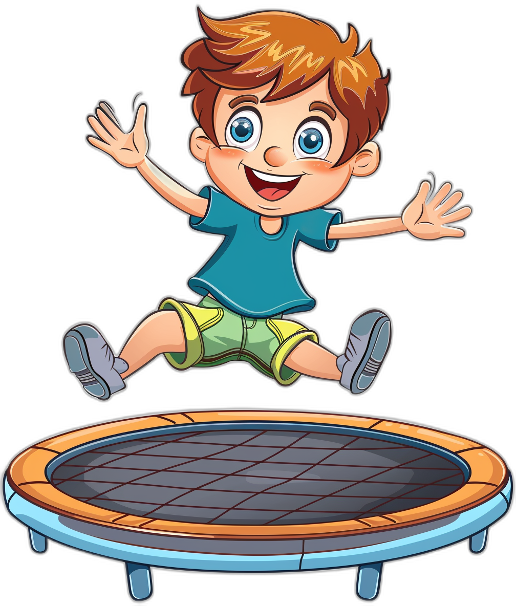 cartoon clip art ,A boy is jumping on the trampoline, cartoon style, black background