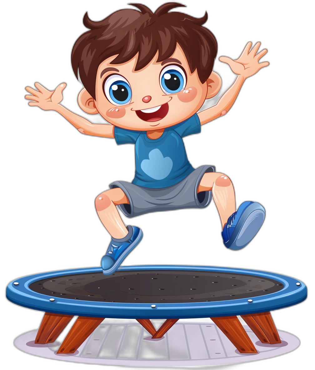 cartoon happy boy jumping on trampoline, vector illustration with black background, blue shirt and grey shorts, cute big eyes, cartoon style, colorful, high resolution