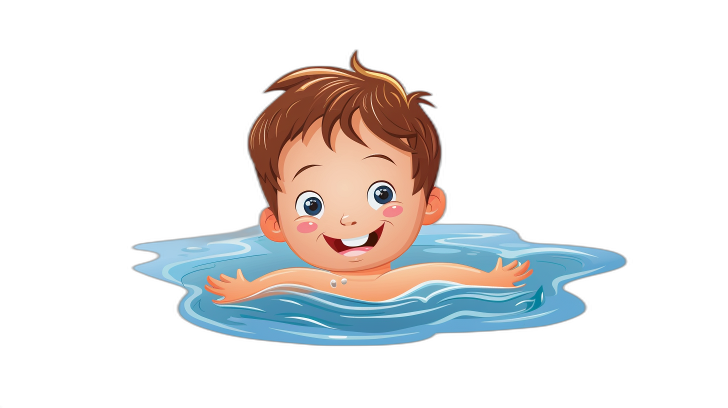 Cute cartoon vector style baby boy swimming in the water, smiling with big eyes and brown hair on a black background.