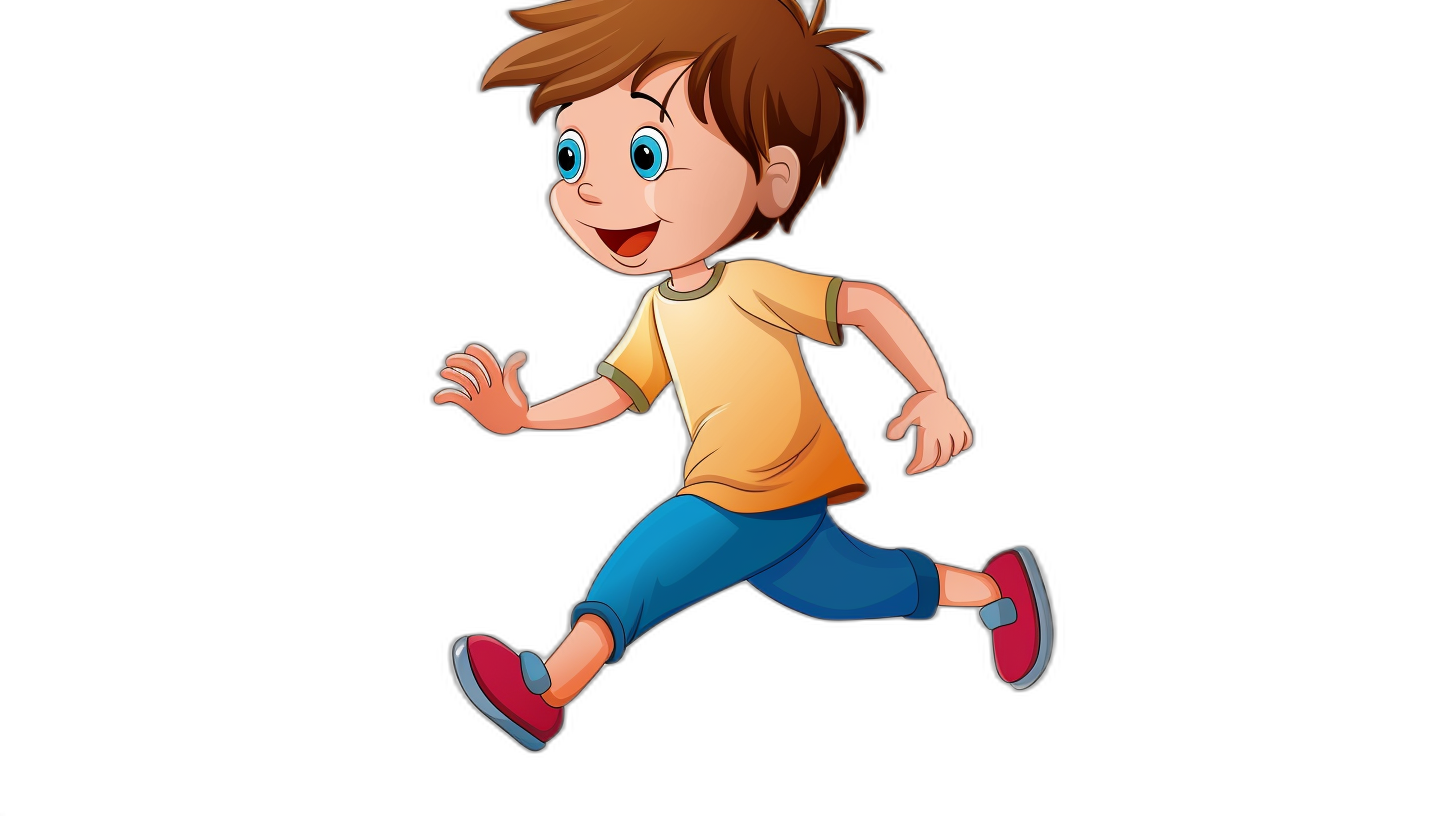 A cartoon boy running on a simple black background in a vector illustration style with a flat design and 2D format at a high resolution, detail, and quality. The illustration is in high definition with a cute and friendly expression portrayed on the boy with bright colors showing his full body portrait. He is wearing a yellow t-shirt with blue pants and red shoes. The overall color scheme is vivid and lively. He has short brown hair, big eyes, a smiling face conveying a happy mood in the style of flat design.