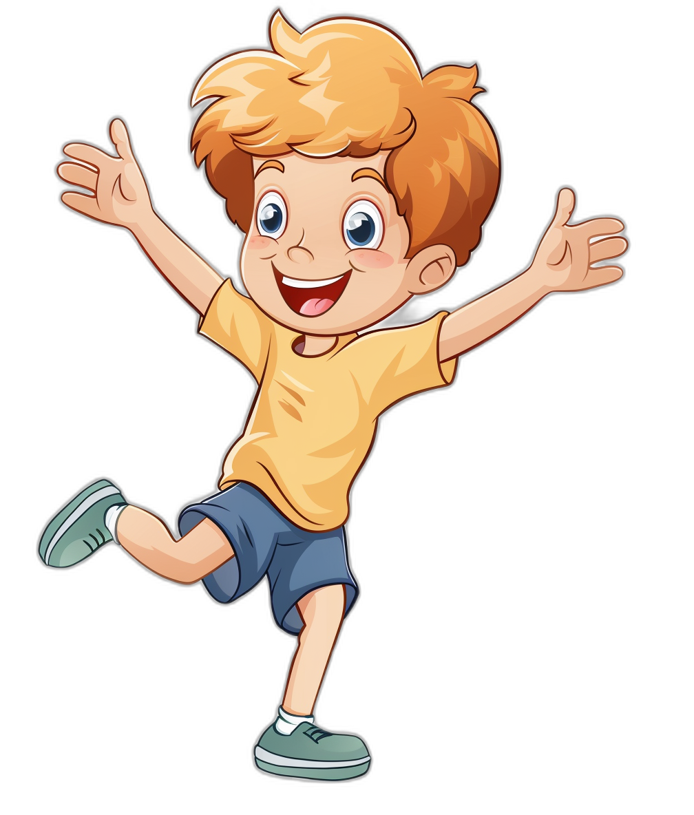 A cartoon happy boy is jumping in a vector illustration with a black background in the style of clip art.