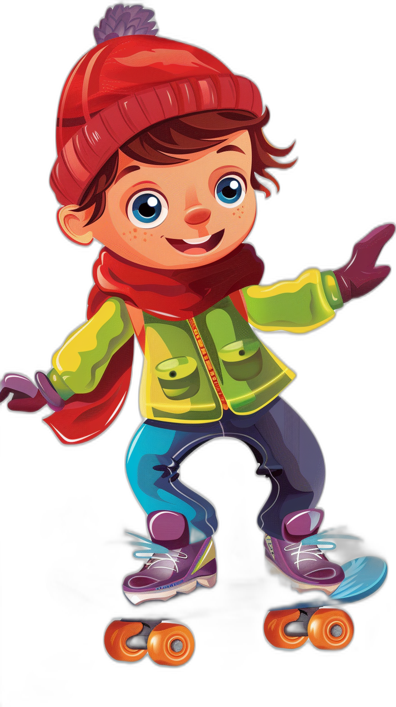 Cute cartoon illustration of an adorable little boy wearing winter  and rollerblades, with vibrant colors and detailed textures on a black background. The character is smiling and ready to skate in the style of colorful animation stills. He has bright eyes and dark red hair tied back under his hat. He wears gloves for protection while skating. His outfit includes blue pants and a green jacket with purple accents. He looks very happy and playful.